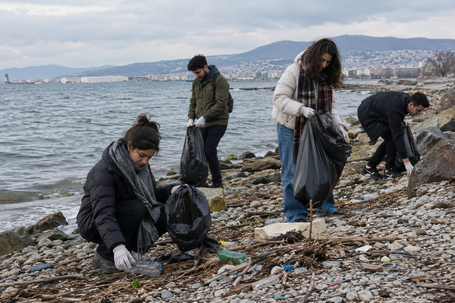 Young people collecting litter along a coastline