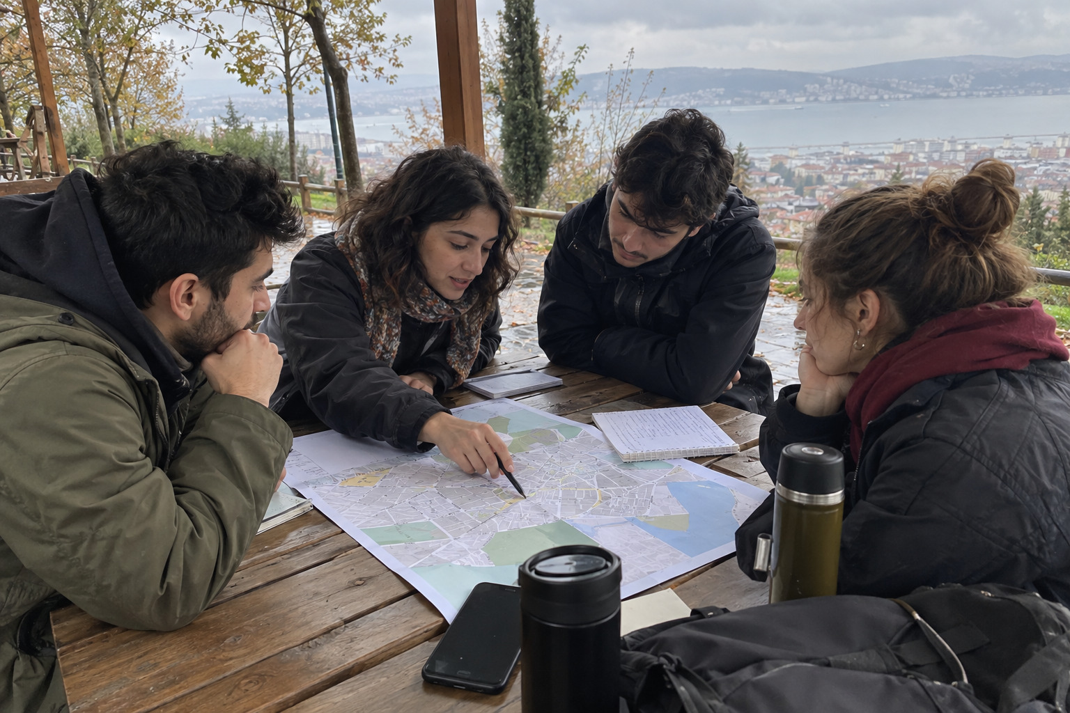 Young people examining a map under an outdoor shelter