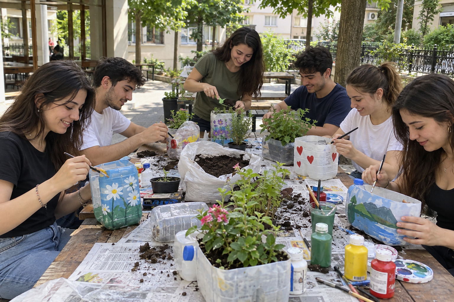 Young people taking part in a creative reuse workshop